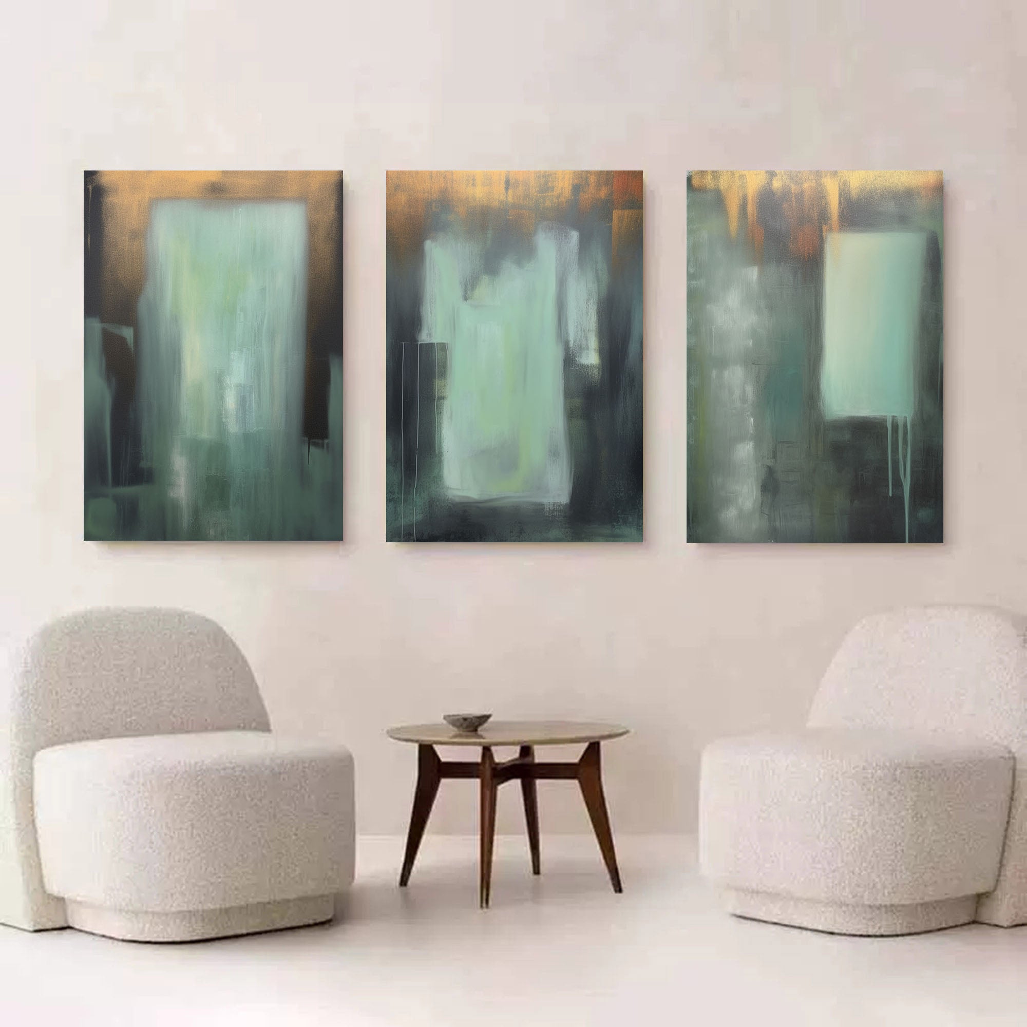 Green and Gold Minimalist Art 3 Piece Set Wabi-Sabi Wall Art Green and Gold Canvas Wall Art