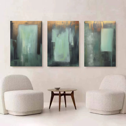 Green and Gold Minimalist Art 3 Piece Set Wabi-Sabi Wall Art Green and Gold Canvas Wall Art
