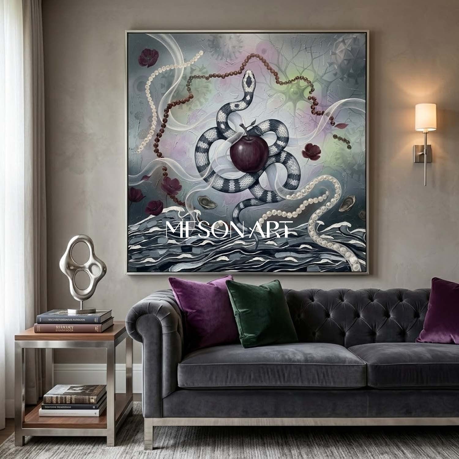 Original Surrealist Snake Oil Painting Apple Framed Wall Art Bathroom