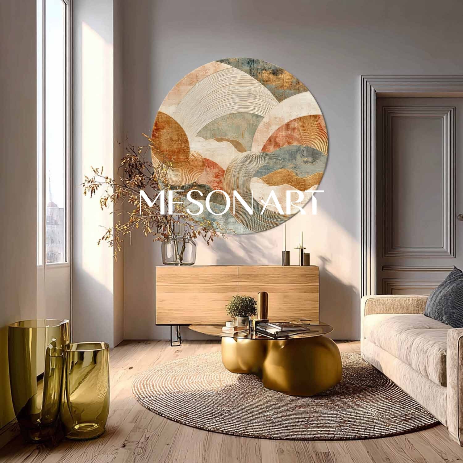 Earthy Tone Wave Abstract Round Canvas – Beige & Green Textured Canvas