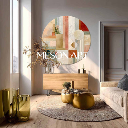Large Round Abstract Wall Art – Neutral Beige & Gold Canvas
