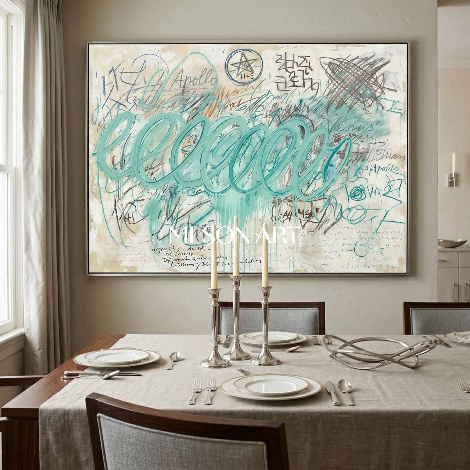 Modern Mint Green Abstract Expressionist Painting Large Canvas Bathroom