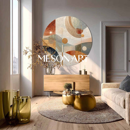 Beige, Blue & Terracotta Abstract Round Canvas – Modern Wall Art