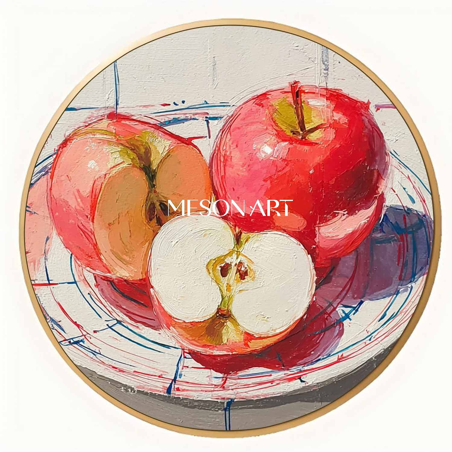 Vibrant Red Apple Still Life – Modern Kitchen Round Oil Painting Wall Art