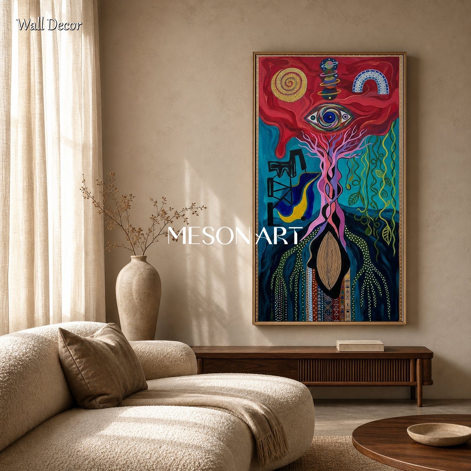 Surrealist Cosmic Eye Painting With Mystical Roots For Modern Eclectic Living Room Decor
