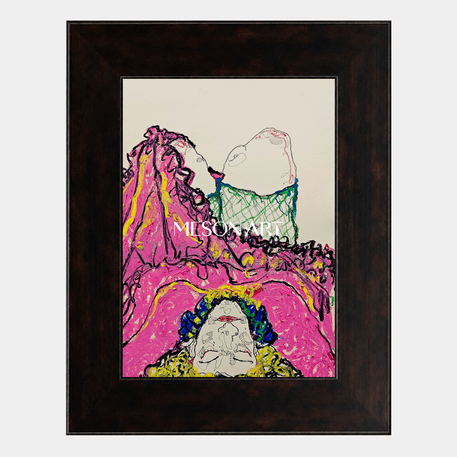 Modern Abstract Expressionist Painting With Pink And Yellow Figures For Living Room Decor