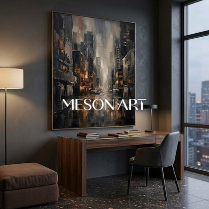 Abstract City Painting With Plaster Texture For Industrial Loft Living Room And Home Office Decor