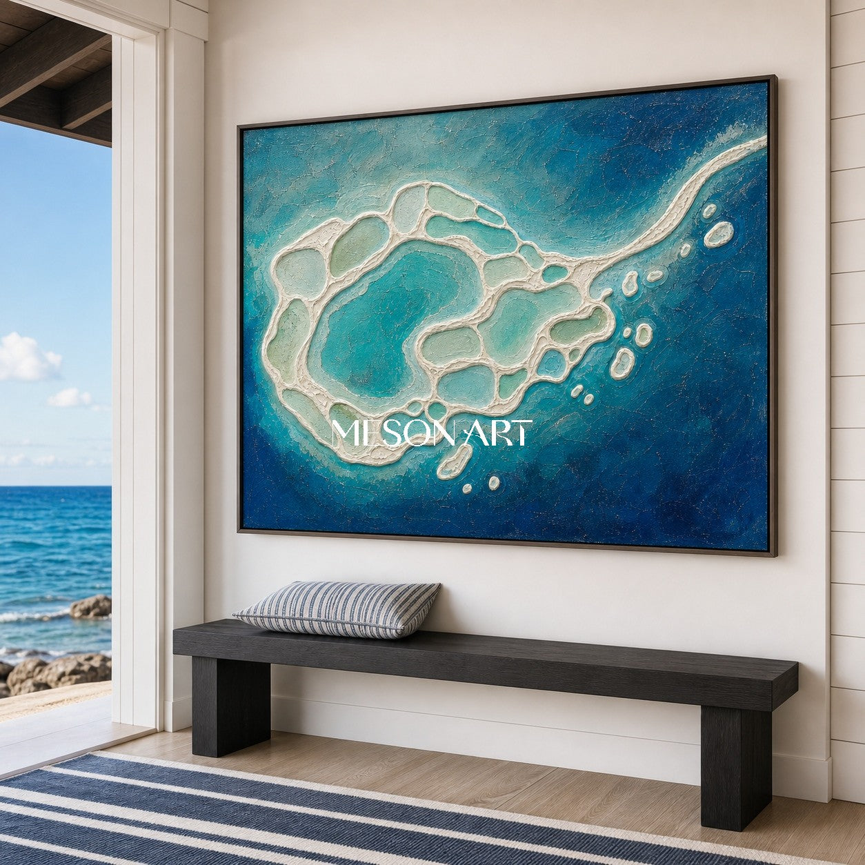 Turquoise Lagoon Abstract Art With Textured Relief For Coastal Living Room Decor