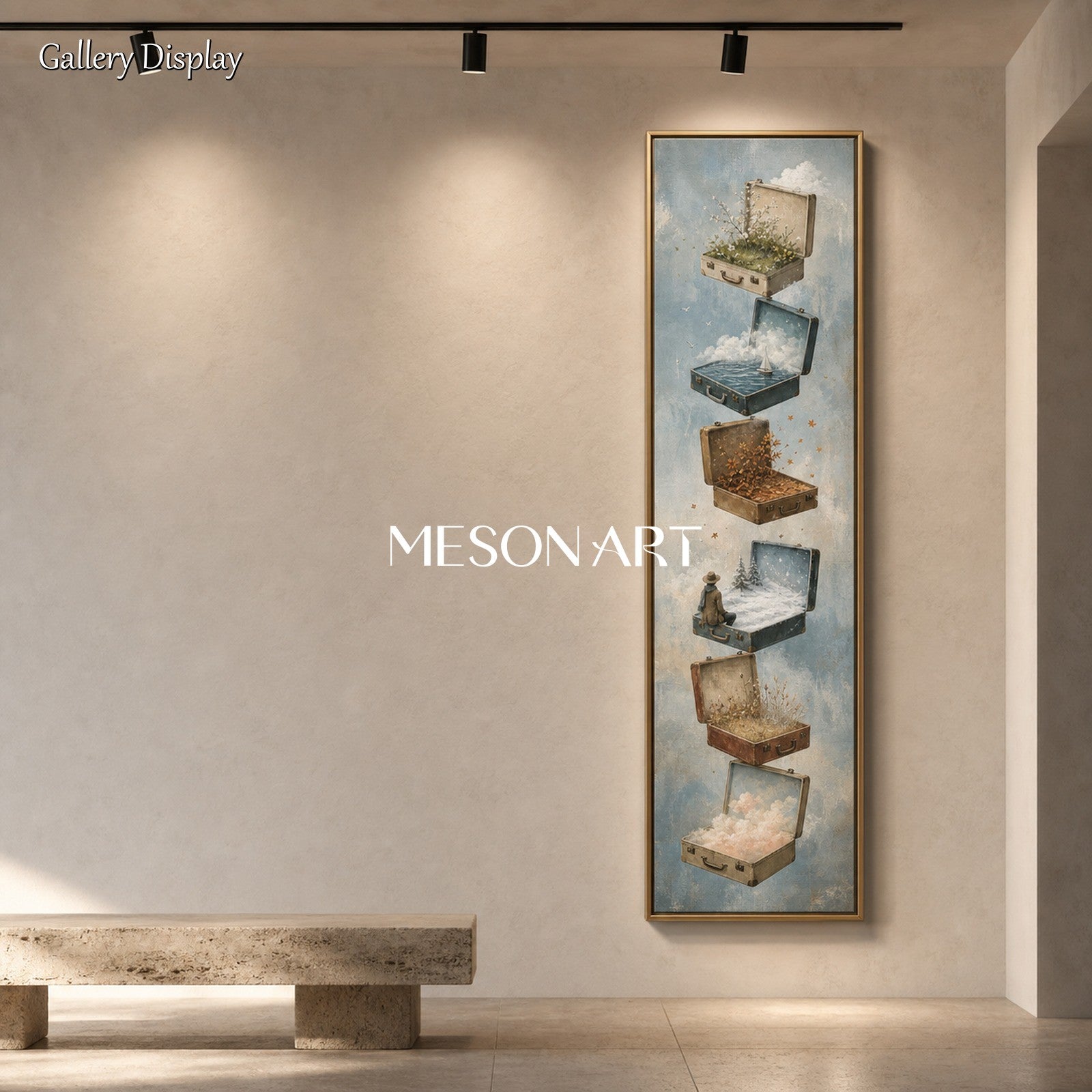 Surrealist Travel Art Painting With Floating Suitcases For Entryway Decor
