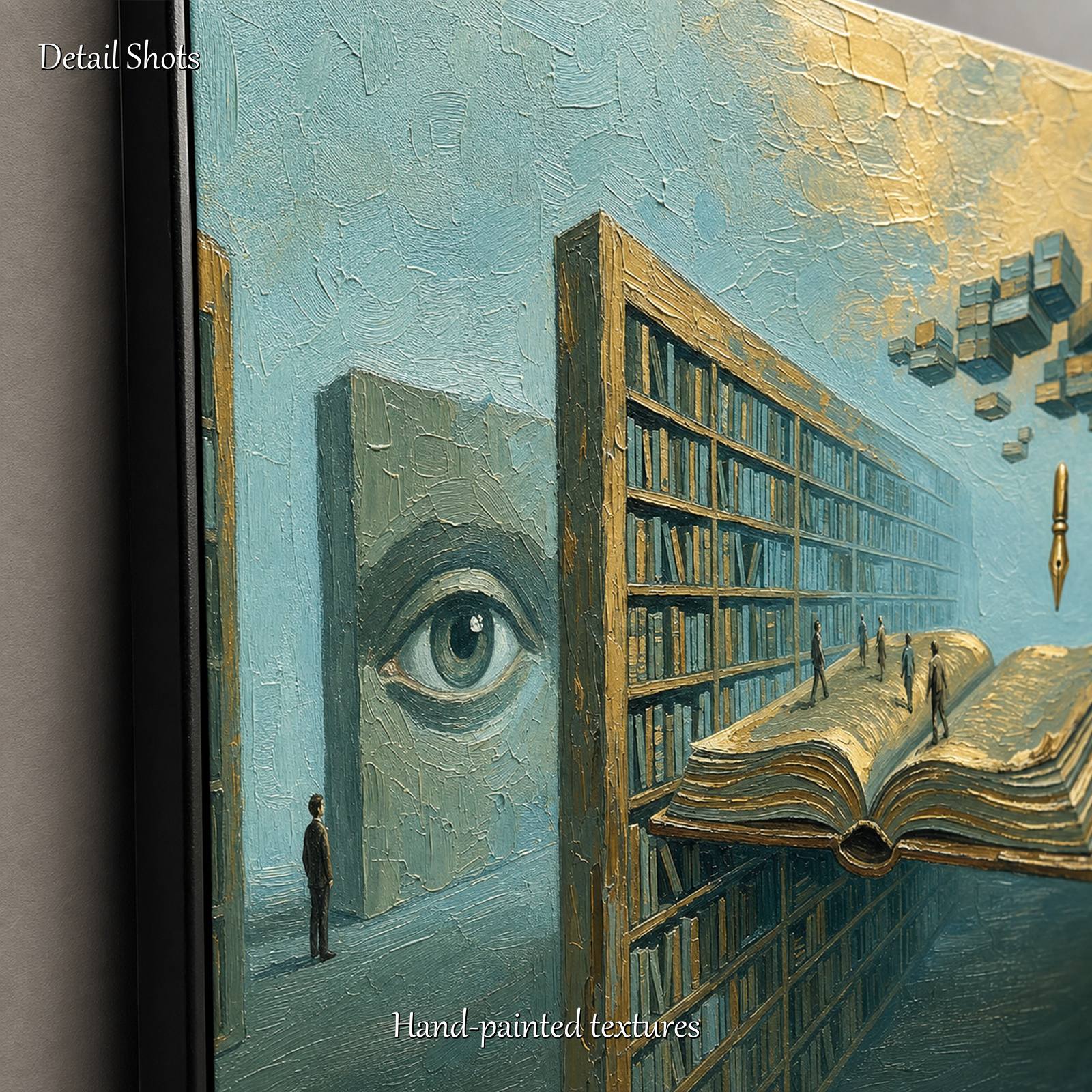 Large Surrealist Oil Painting Floating Book Library Art For Executive Office And Study Room Decor
