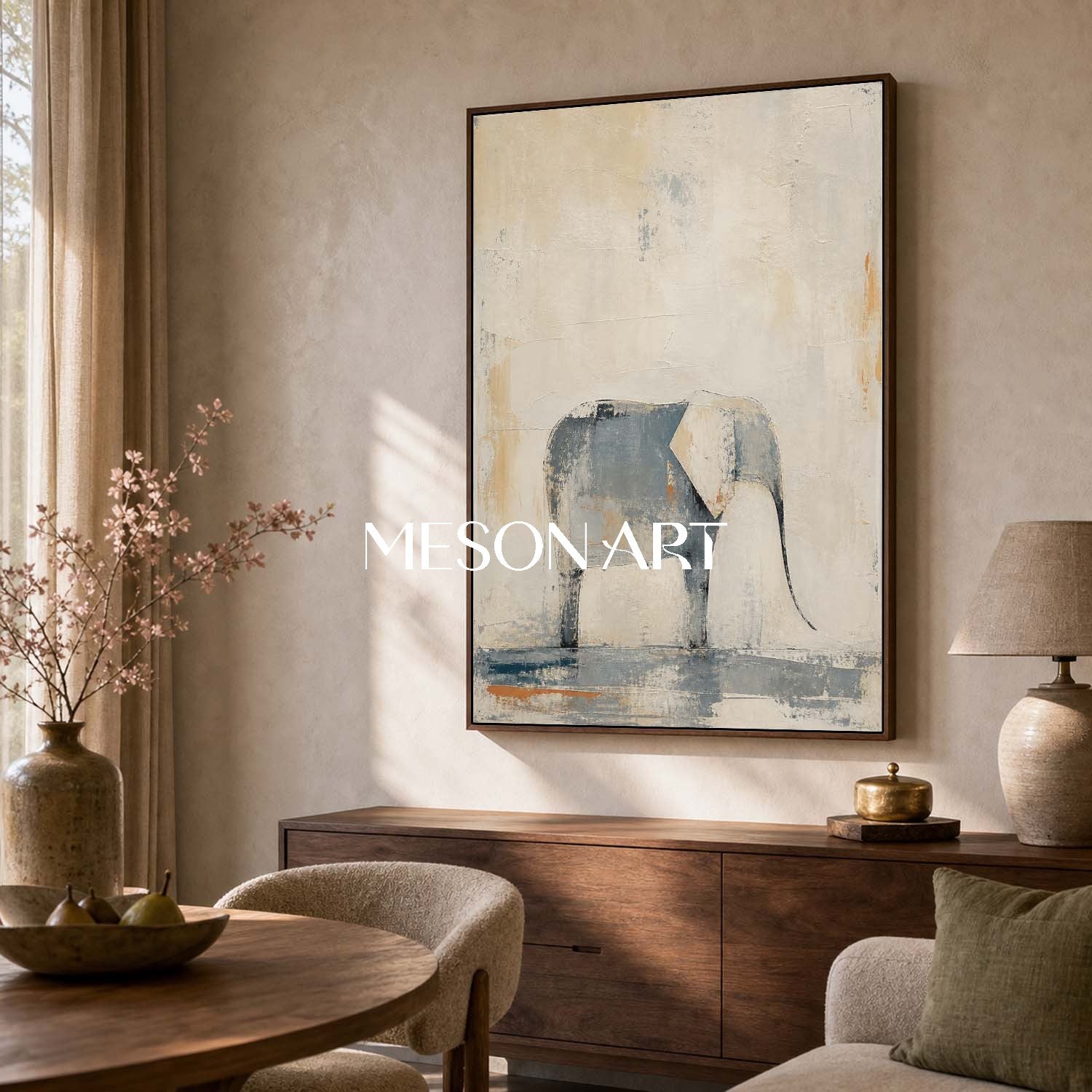 Minimalist Elephant Wall Art In Beige And Grey Tones For Serene Living Room Decor