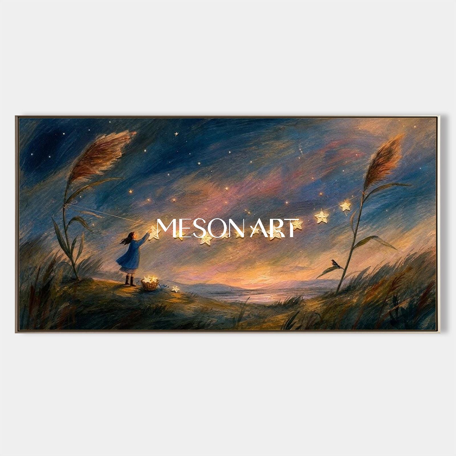 Blue And Gold Stars Whimsical Girl Fantasy Art Panoramic Wall Decor For Bedroom By Mesonart