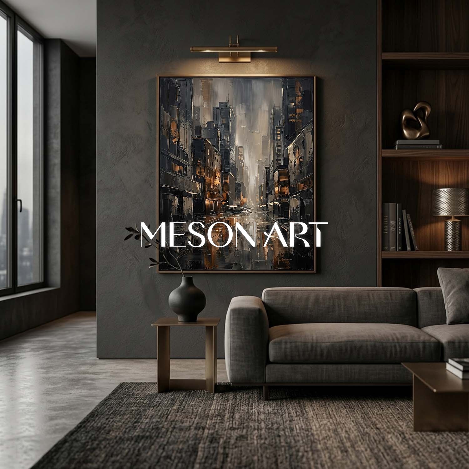 Abstract City Painting With Plaster Texture For Industrial Loft Living Room And Home Office Decor