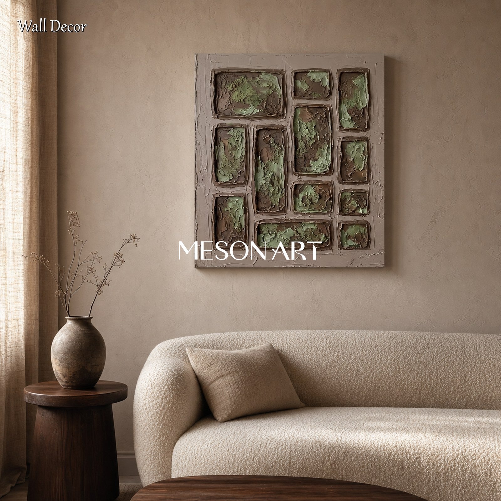 Minimalist Green Brown Textured Relief Art For Modern Living Room Decor