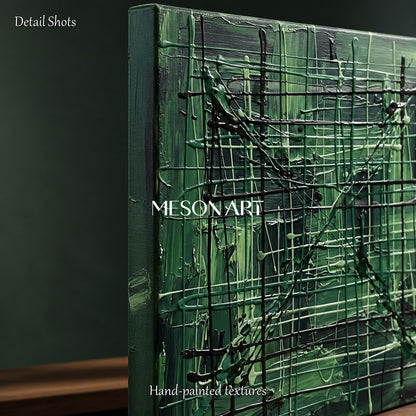 Green And Black Pollock Inspired Abstract Painting Square Wall Art For Living Room By Mesonart