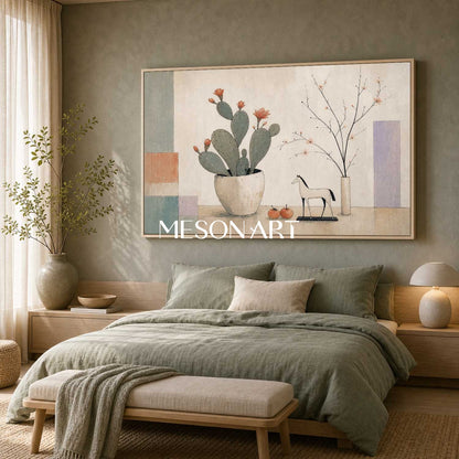 Art Deco Cactus Painting For Modern Living Room Decor With Geometric Shapes