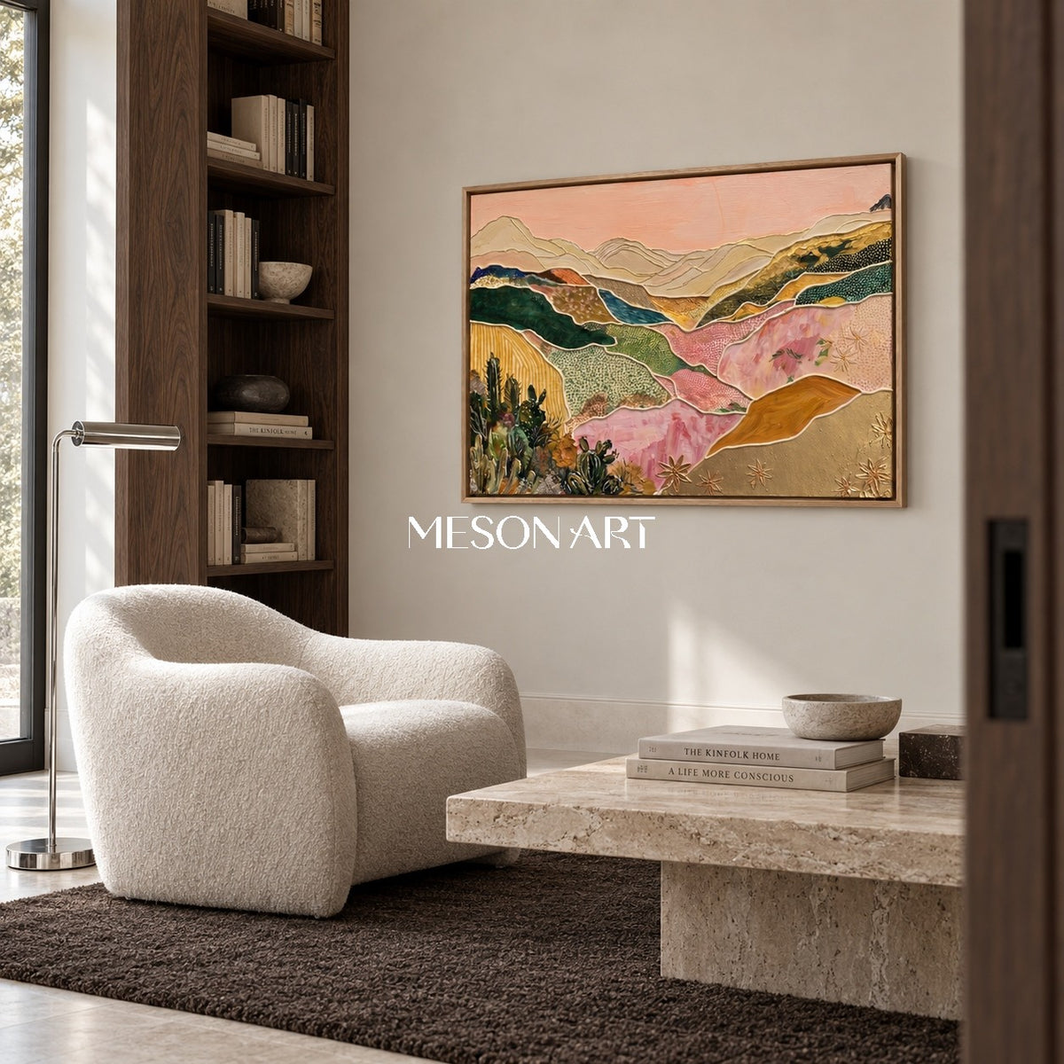 Pink And Gold Desert Landscape Textured Art Contemporary Organic Cactus Relief By Mesonart
