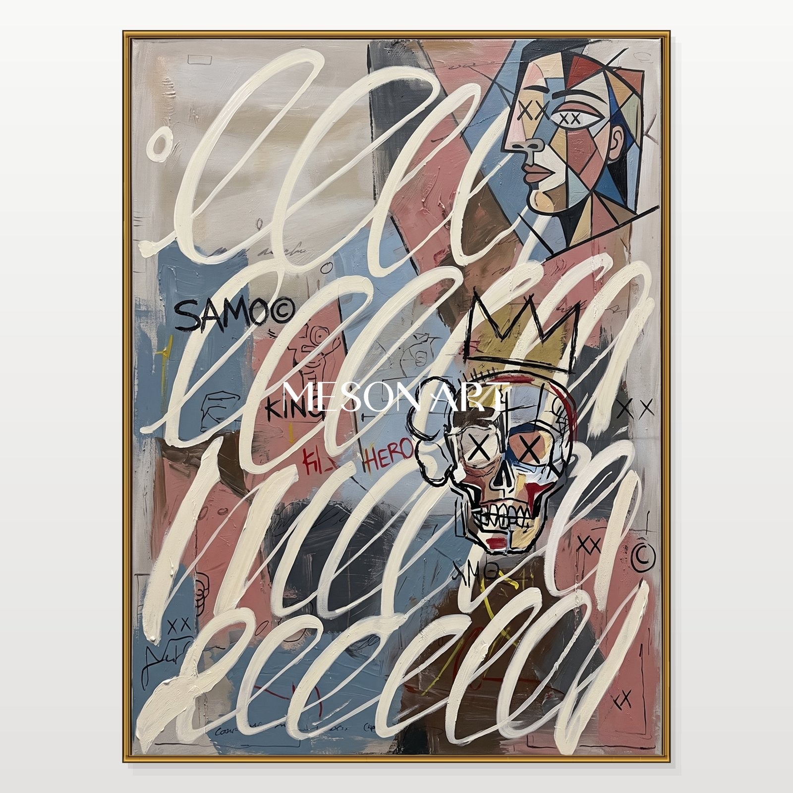 Contemporary Picasso Style Original Art With Crowned Skull And Abstract Faces For Modern Living Room Decor