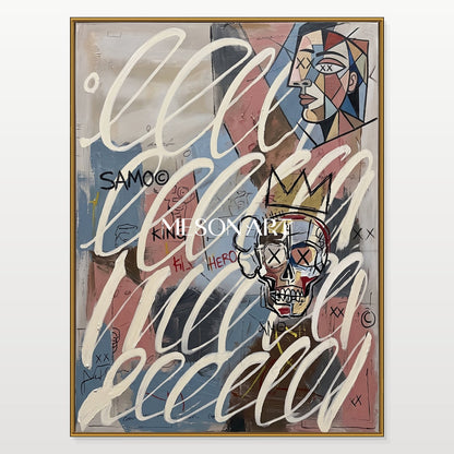 Contemporary Picasso Style Original Art With Crowned Skull And Abstract Faces For Modern Living Room Decor