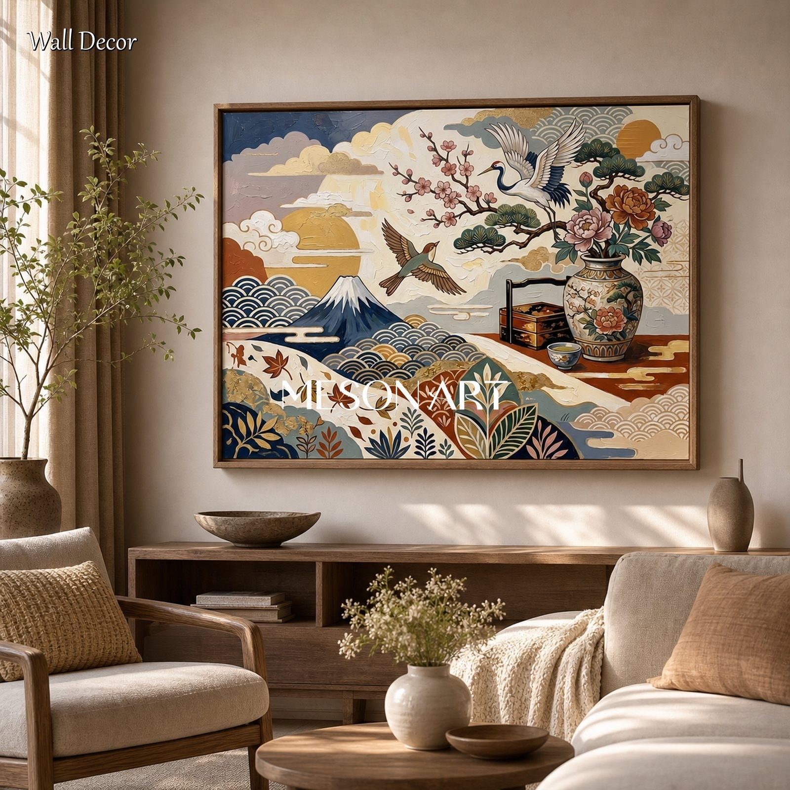 Japanese Ukiyo-E Crane Art With Gold Texture For Living Room Decor