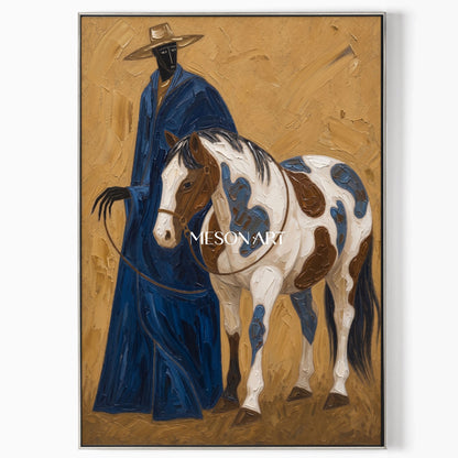 Azure Cowboy And Horse Painting With Textured Impasto For Mid Century Modern Decor