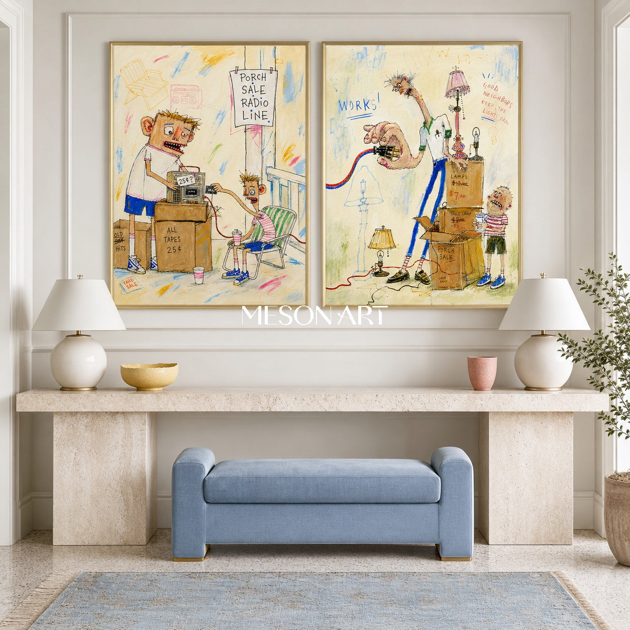 Beige And Blue Graffiti Figurative Cartoon Rectangular Wall Art Original Artist Hand Painted For Living Room By Mesonart