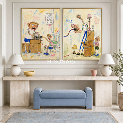 Beige And Blue Graffiti Figurative Cartoon Rectangular Wall Art Original Artist Hand Painted For Living Room By Mesonart