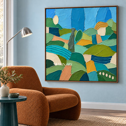 Green And Blue Abstract Landscape Painting Large Original Hand Painted Canvas Wall Art Square For Living Room By Mesonart