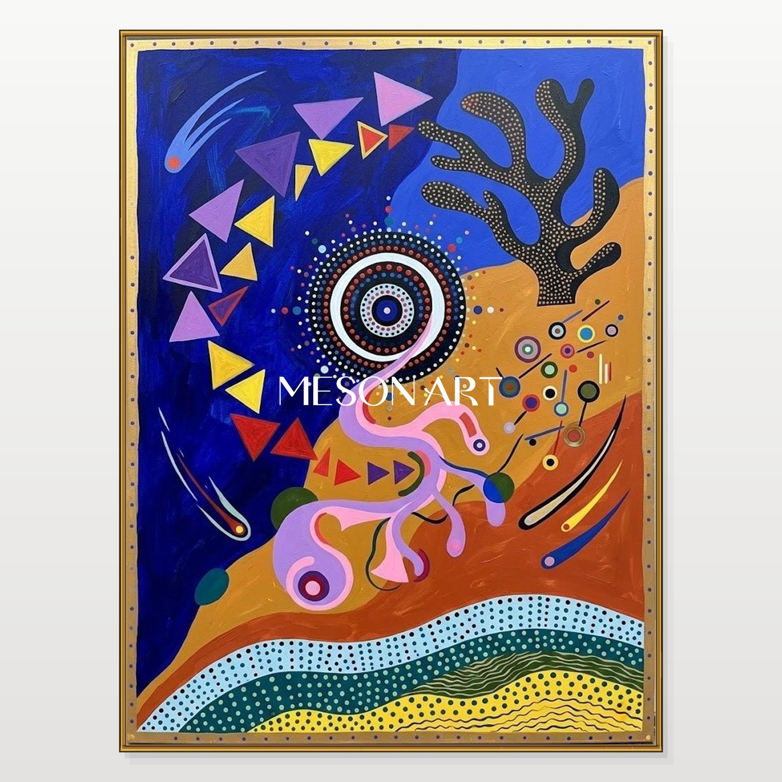 Vibrant Abstract Painting With Geometric Shapes And Blue Gold Tones For Contemporary Home Decor
