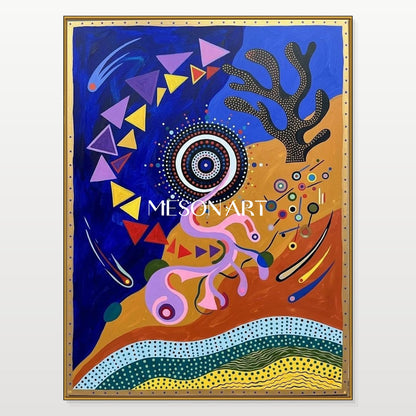 Vibrant Abstract Painting With Geometric Shapes And Blue Gold Tones For Contemporary Home Decor