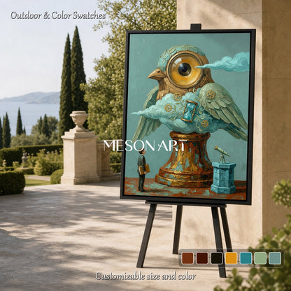 Surrealist Mechanical Owl Canvas Art With Gold Gears For Living Room And Home Office Decor