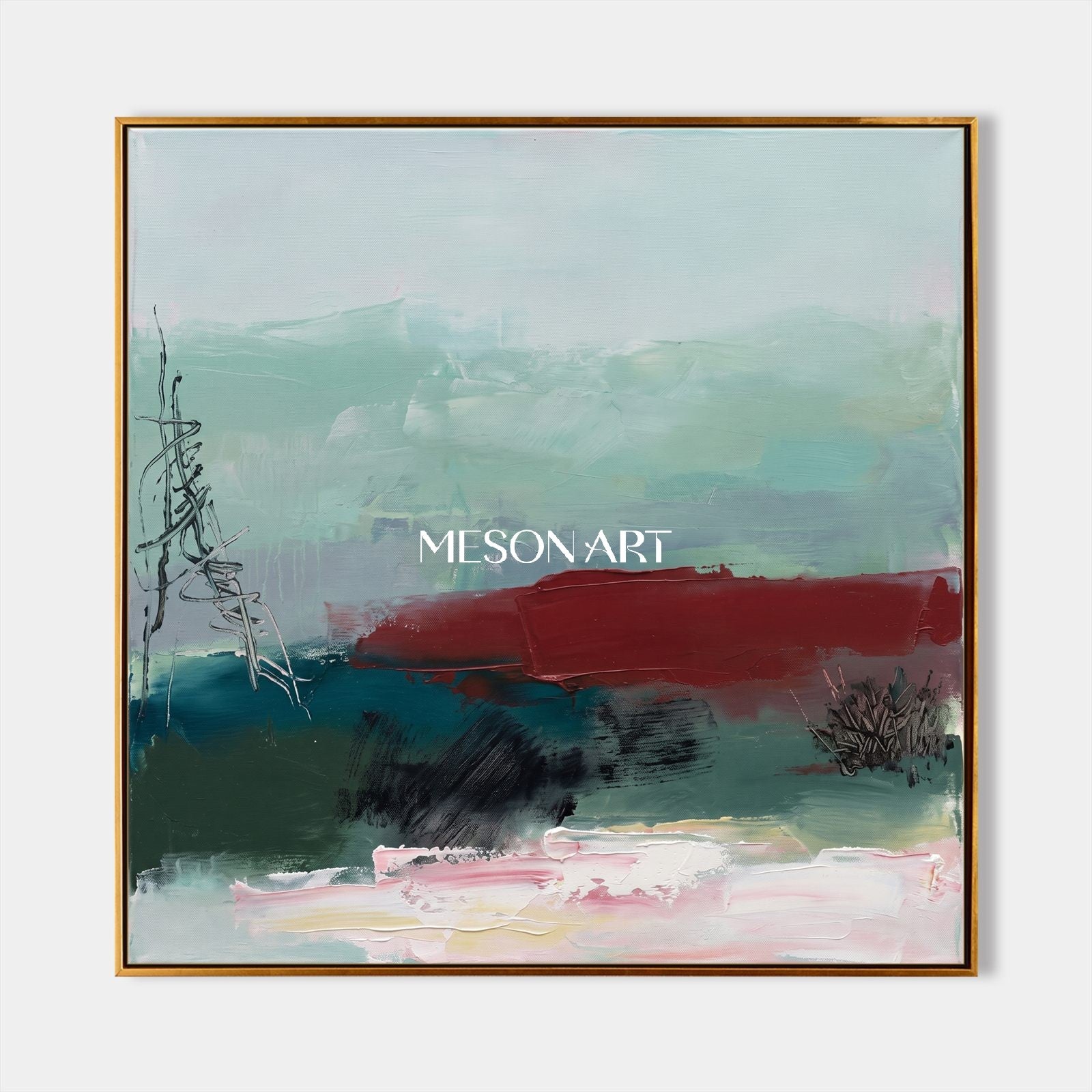 Green And Red Abstract Landscape Painting Modern Textured Square Wall Art For Living Room By Mesonart
