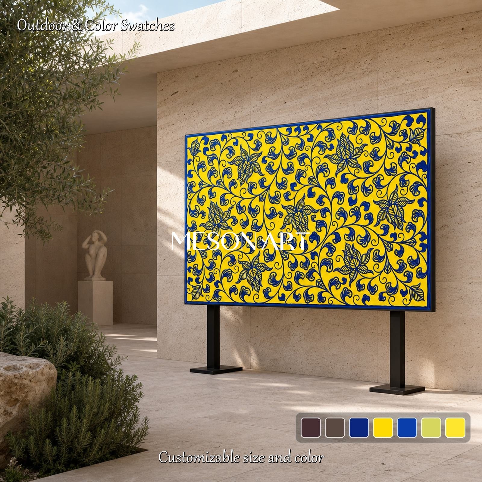 Yellow And Blue Islamic Persian Art Rectangular Wall Decor Inspired By Ottoman Design By Mesonart