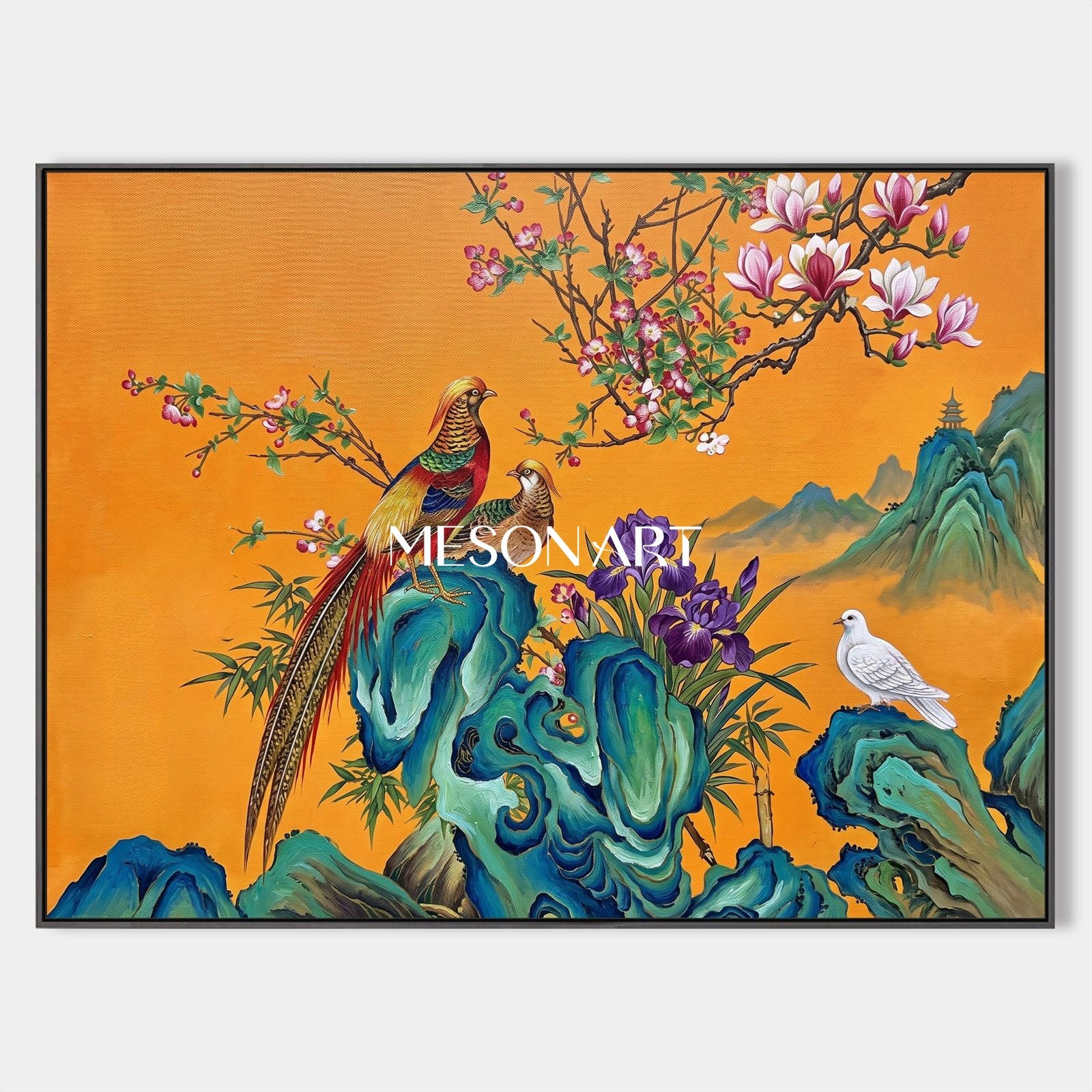 Orange And Blue Gongbi Bird And Blossom Painting Rectangular Wall Art For Living Room By Mesonart