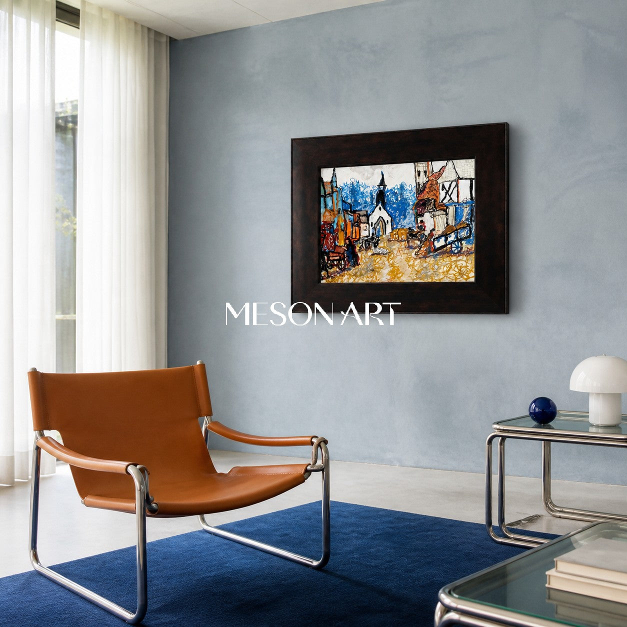 Pittura paesaggistica moderna astratta con tonalità di blu e ocra per l'arredamento del soggiorno