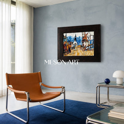 Pittura paesaggistica moderna astratta con tonalità di blu e ocra per l'arredamento del soggiorno