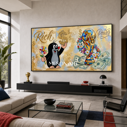 Luxury Gold Pop Art Painting With Cartoon Mole And Dollar Signs For Modern Living Room Decor