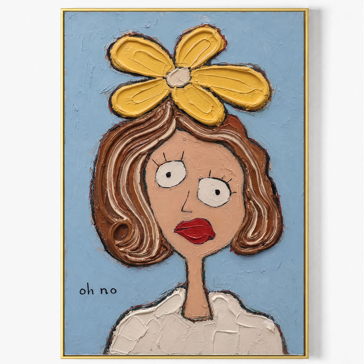 Pop Art Cartoon Portrait With Yellow Flower And Blue Background For Modern Living Room Decor