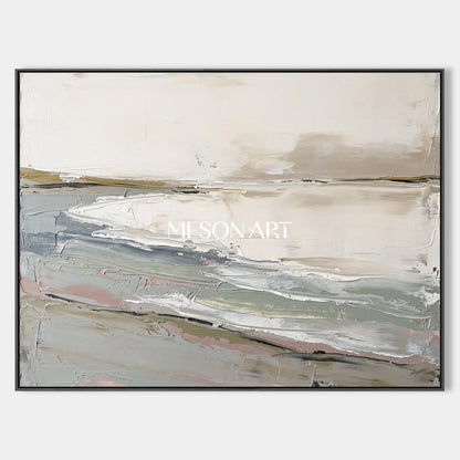 Quadro astratto raffigurante un paesaggio nei toni del beige e del grigio, opera d’arte da parete rettangolare di grandi dimensioni, opera originale dell’artista Mesonart