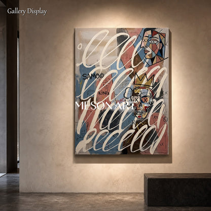 Contemporary Picasso Style Original Art With Crowned Skull And Abstract Faces For Modern Living Room Decor