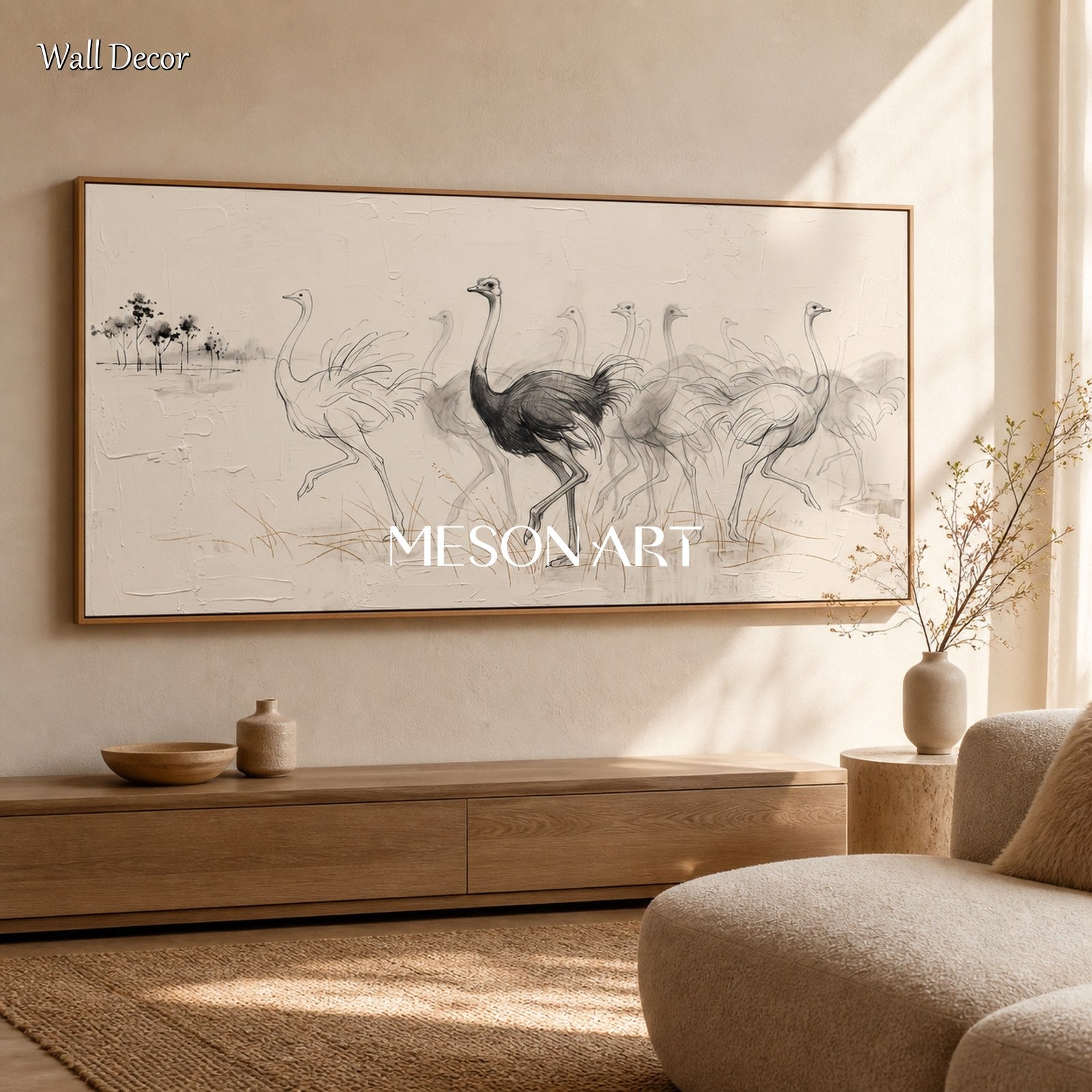 White And Black Ostrich Minimalist Painting Original Artist Panoramic Wall Art For Living Room By Mesonart