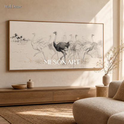 White And Black Ostrich Minimalist Painting Original Artist Panoramic Wall Art For Living Room By Mesonart