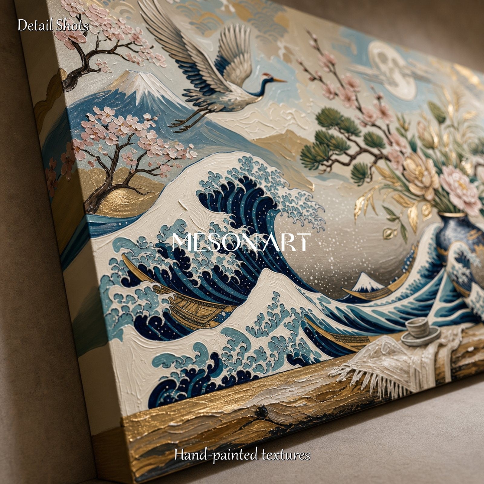 Contemporary Ukiyo-E Wall Art With Waves Cranes And Cherry Blossoms For Living Room Decor