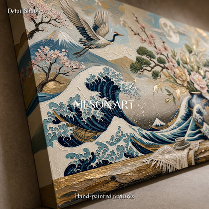 Contemporary Ukiyo-E Wall Art With Waves Cranes And Cherry Blossoms For Living Room Decor