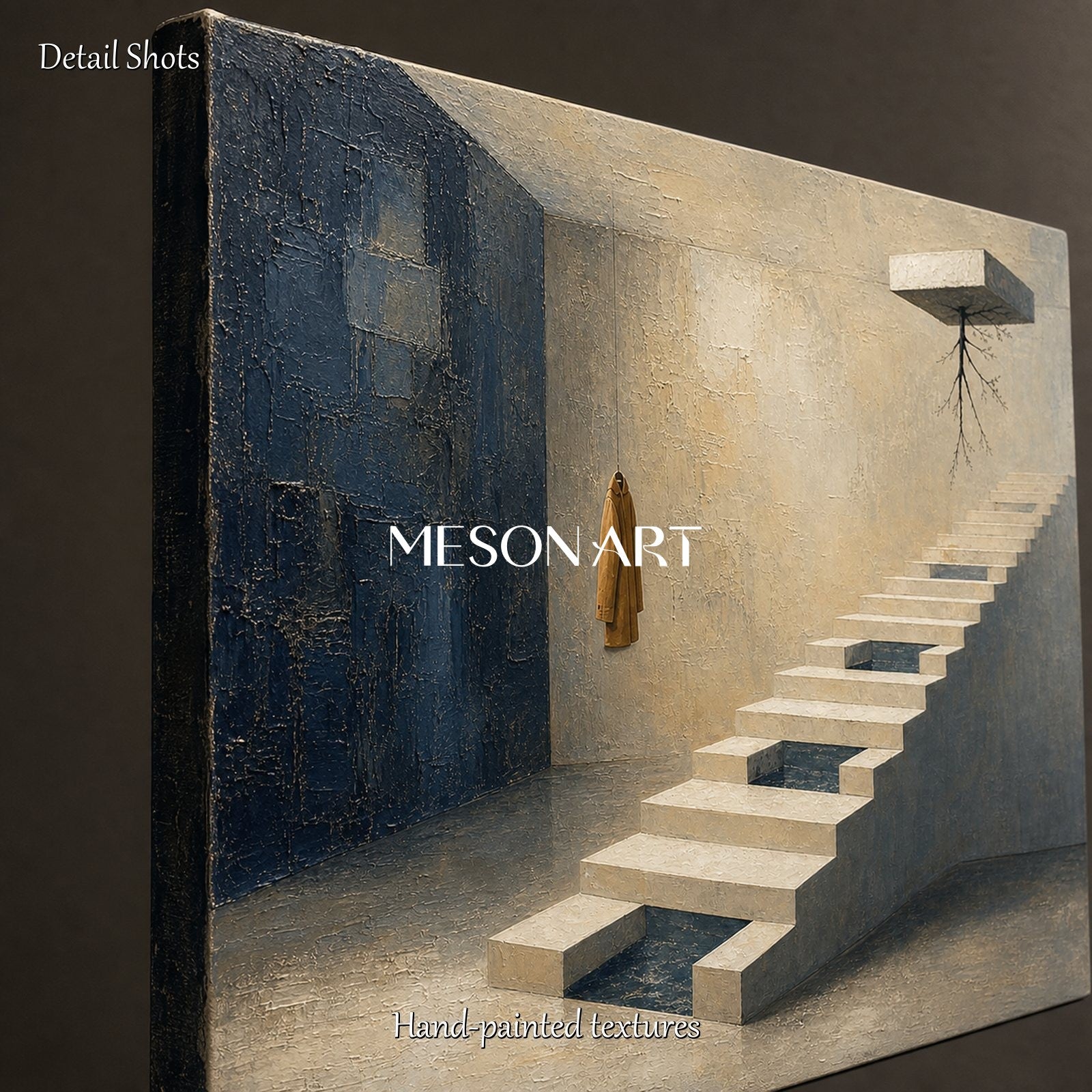 Surrealist Staircase Painting With Floating Roots And Coat For Executive Office Decor
