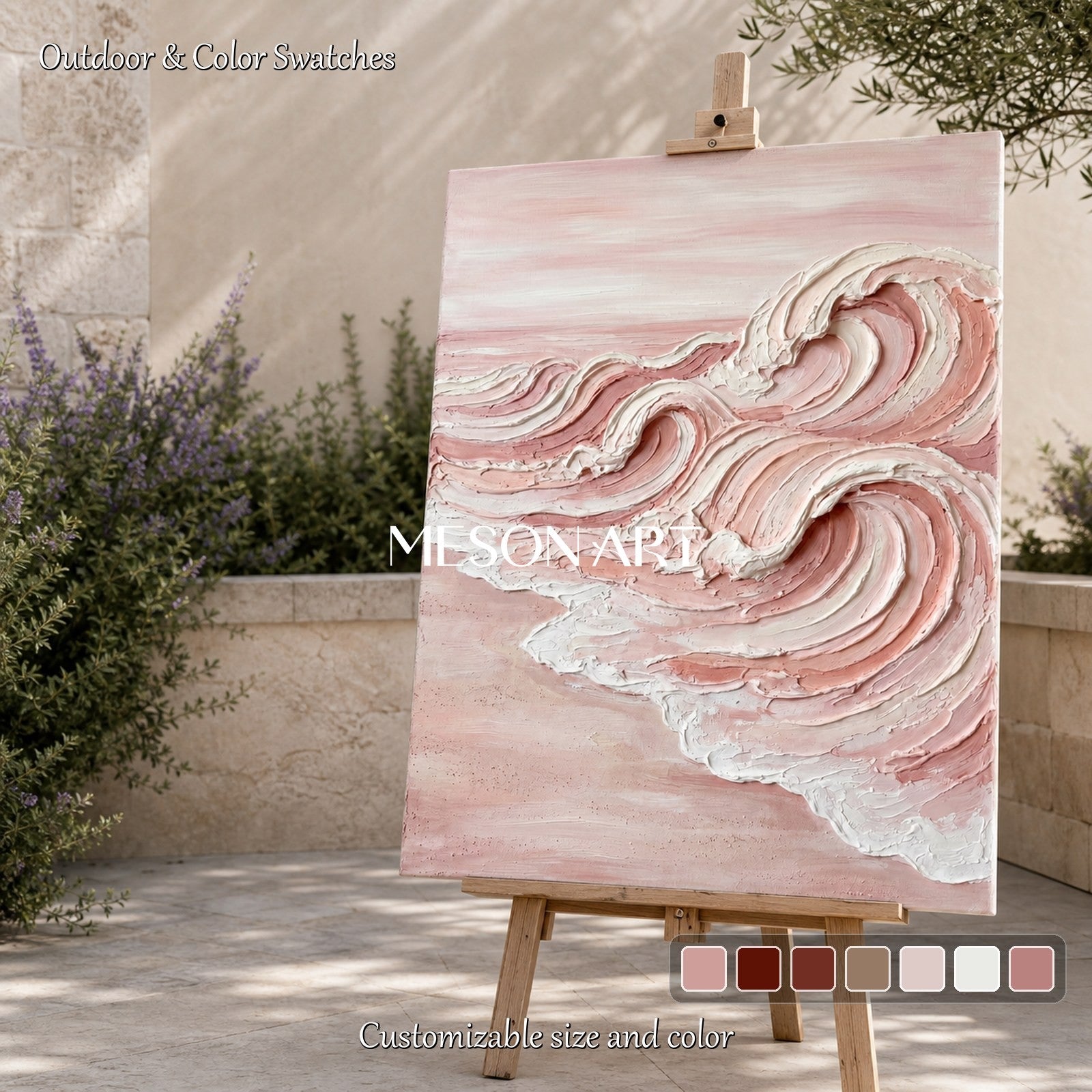 Pink Ocean Wave Painting With Thick Textured Plaster Finish For Modern Home Decor