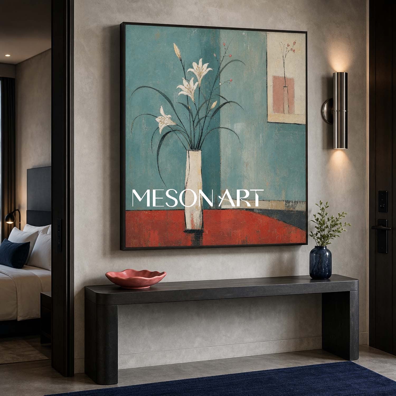Art Deco Floral Painting With White Lilies On Teal Background For Modern Living Room Decor