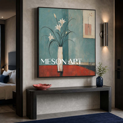 Art Deco Floral Painting With White Lilies On Teal Background For Modern Living Room Decor