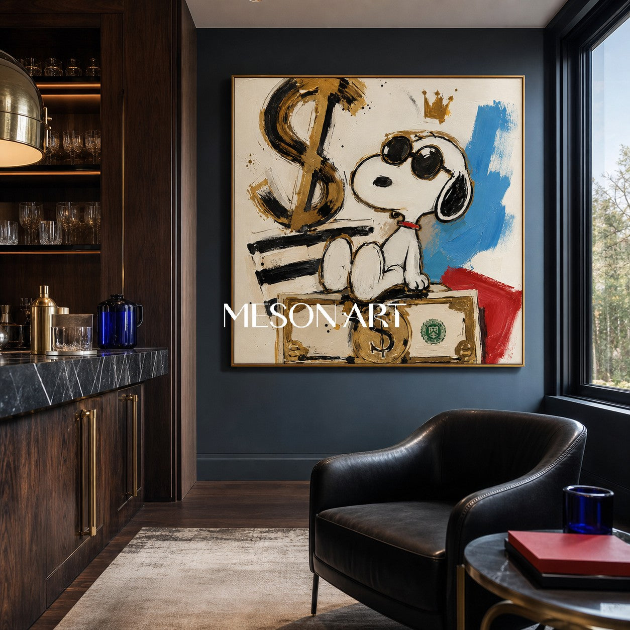 Snoopy Pop Art Painting With Gold Dollar Signs For Modern Living Room Decor