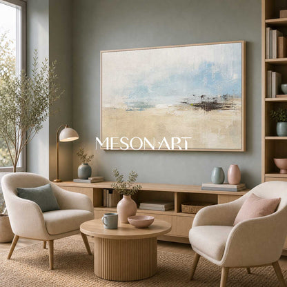 Abstract Blue And Beige Landscape Art For Tranquil Living Room Decor